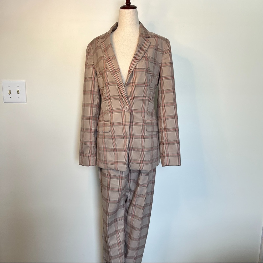 The Limited Tan Plaid Blazer and Slim Ankle Pant Suit Set